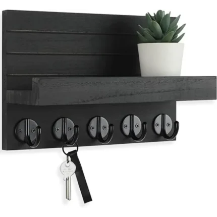 Key Holder for Wall, Decorative Key and Mail Holder with Shelf Has Large Hooks for Bags, Coats, Umbrella – Paulownia Wood Key Hanger with Mounting Hardware (9.8”W x 6.7”H x 4.2”D)